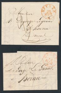 1829 + 1830, 2 voorlopers met inhoud, vanuit Rousbrugge, met afstempeling 