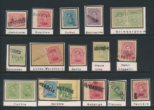 N° 137/139 and N° 141, 15 copies, all with name stamps, such as Hanzinne, Herzele, Bomal, Ferrière, Grimberghem, etc., see scan, vf
