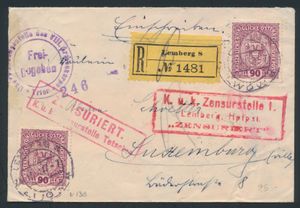 1917 Registered letter from Lemberg (Austria) to Luxembourg with double censorship Lemberg + Tetschen (cancellation + vignette) + Trier, vf