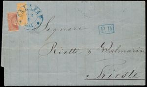 1873 Letter from Calafat to Trieste with postage Yv. n° 40 and 41, both halved on the back, Orsova cancellation, rare, with certificate, vf