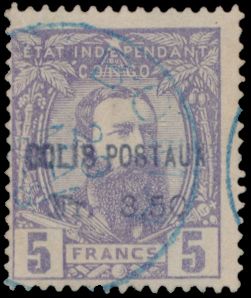 CP 2 ‘5fr. violet’ from 1887 with overprint ‘COLIS POSTAUX / FR. 3.50’ type A, cancelled ‘BOMA 29 MAI’ (year outside stamps) in blue, Vander Marcken certificate, vf (OBP €1.200) - zie foto kaft