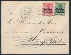 1916 OC 2/3, on envelope, cancelled in Antwerp, dated 30 November 1916, to Hoogstraten, with very nice military censor mark. From 1 June 1916, the inland rate for letters in weight class (up to 20 grams) was 15 cents, vf