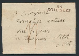 1800 Vorläufer mit Inhalt aus Soignies (Herlant 10), datiert 27. August 1800, Briefkopf ist 