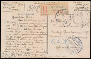 1917, registered picture postcard sent from 'P 169/ ABC' via Belgium 'Legerposterij 5' to Amsterdam/ Holland, franked N° 137, 138 and 140, vf