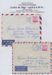 1960, 2 Belgian airmail covers sent from Velaine-sur-Sambre (12/08/60 and 19/08/60) to Jadotville / Katanga Free State (Berlaimont archive), both franked with 6 F King Baudouin type Marchand and 50c Heraldic Lion - uncommon, vf/f
