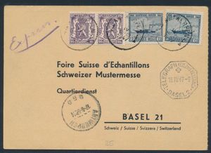 1947, spoedbestelling postkaart verstuurd uit Antwerpen (17/4/47) naar Basel 2/ Zwitserland, gefrankeerd met (OBP) N° 714 (2x) en 727 (2x), zm.