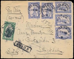 1934, airmail cover sent from Rutshuru Belgian Congo 25 June 1934 to Stockhokm / Sweden via Kampala / Uganda - Imperial Airways, franked by 