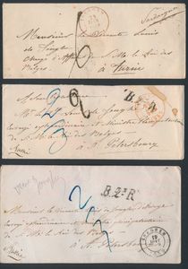 1854/1858 Précurseurs, 5 d'Iseghem, dont 2 pour Turin (Italie) et 3 pour Saint-Pétersbourg (Russie), cachets et affranchissements divers, tb.