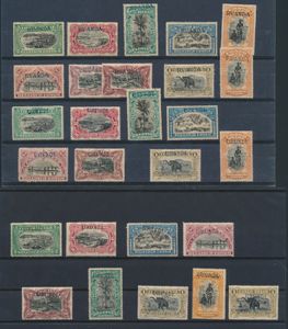 Type 9 / type 15a + type 14 + type 15a + type 16/type 23 (2 full sets) + type 22, all stamps with FORGED Tombeur overprints 