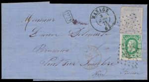 1871 N° 18 et 30, sur lettre avec contenu, affranchissement mélangé, le n° 18 porte le cachet ambulant 