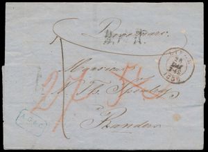 1856 Précurseur avec contenu, de Luttich (Liège), daté du 28 mai 1856, à Randers (Danemark), Liège appartient à Rayon 1 (Belgique), le tarif est de 1 sgr. partie belge et 3 sgr. partie allemande. (4 sgr. au verso), le service est de 5 1/2 schillinge ou 18 sk., la partie danoise est de 9 sk. (à plus de 75km de Hambourg), ensemble 27 sk., les deux tarifs en chaux rouge au recto, lettre rare vers le Danemark, tb