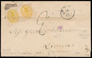 1866 Brief van Kerkenstaat naar Livorno met strafport Italië n° 1 in paar, horizontale plooi, maar zeer zeldzaam, zm/m 