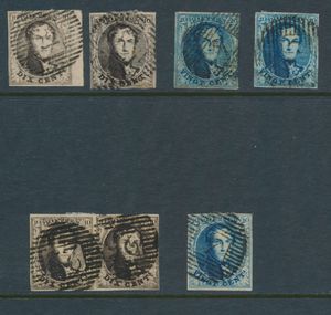 N° 6 (horizontaal paar en 2 zegels) + n° 7 ( 3 losse zegels), alle volrandig met geribt papier, zm