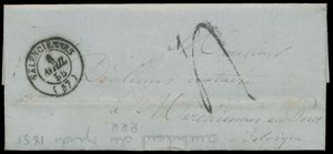 1855, précurseur français avec contenu, l'entête de la lettre est Valenciennes, datée du 6 avril 1855, à Marchienne-au-Pont, beau cachet ambulant, 