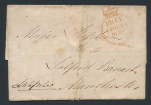 1839, Voorloper Engeland zonder inhoud, met de 'FREE STAMP' mark. De brief is geadresseerd aan Major Stephens, Salford Baracks in Manchester. Deze markering werd aangebracht om de portvrijheid aan te duiden. Verschillende types zijn bekend, maar deze heeft maar een korte periode gelopen (10.10.1839 en 24.10.1839), zonder kruis in de stempel en tevens het laatste jaar voordat de postzegel werd uitgebracht. (Penny Black). Beschreven in The History of the Early Postmarks of the British Isles to 1840 - John Hendy (1905), pagina 35-39. Zeldzaam, m/ntz