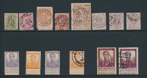 Kleine verzameling met 14 zegels, wo. n° 29 (3x), n° 122 (2x) w.o. telegraaf- en spoorwegafstempeling en n° 34 met afstempeling Dca Waesmunster, etc., zm/m/ntz