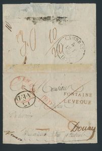 1857 Précurseur sans contenu, de Fontaine-l'Évêque (en deux lignes), en même temps que Binche, type 13 (Herlant 9), à destination de Douay (France), beau 