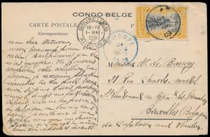 1909 MUSOFI, carte postale illustrée envoyée de Lukafu le 12 mars 1909 vers Bruxelles, cachet de transit Musofi en bleu, oblitération rare, tb