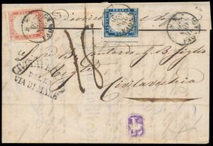 1859, interessante brief van Genova naar Civitavecchia, gefrankeerd met Sassone 15Bb en 16B, zm