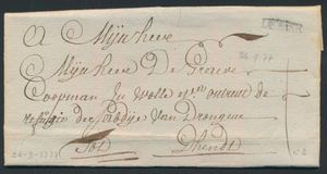 1777 Voorloper met inhoud, vanuit Deinze (Stempel - Herlant 2), dd. 26 september 1777, naar Gent, port 1 deciem, zm