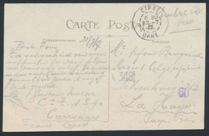 1917, picture postcard sent from Ciral/ Orne France to Holland, franked 10c Albert I gest. Ciral/ Orne 22/7/17, vf.