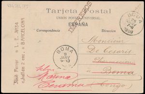 1909 Courrier entrant vers le Congo belge, de Barcelone vers à Boma (09/01/1909) puis réexpédié de Boma (25/01/1909) à Selvi Marina/Italie, peu courant, tb