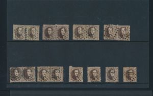 N° 14 (6 paren en 4 zegels), 15 (13 zegels) + 16 (1 zegel), meestal mooi getand, meerdere griffen en geburen, zeker voor de plater, zm/m/ntz