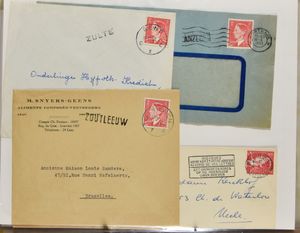 N° 909/11 Samenstelling tientallen brieven in ringklasseur w.o. mengfrankeringen, retour, aangetekend, expres, naamstempels, enz., zm/m