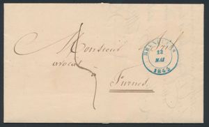 1845, voorloper met inhoud, vanuit Bruxelles, dd. 12 mei 1845, naar Furnes (Veurne), met port van 5 decimen, zm