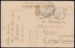 1908 Courrier entrant vers l'Etat Ind. du Congo, de Londres vers Boma (02/05/1908) avec transit par Lisbonne, tarif imprimés, note de l'expéditeur 