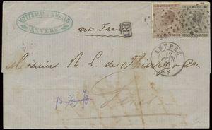 1869 Nos 17 et 19 sur lettre, cachet d'oblitération 12 Anvers, datée 12 fév. 69, à destination de Gênes 5 (Italie), manuscrit 