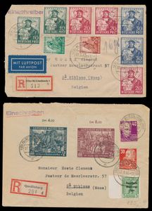 1949/1952 Bizone 2 lettres recommandées à St Niklaas de Quedlin-burg et Mönchengladbach + 1 lettre Bund avec nos 139/40, 141/42 et 143/44, sur lettre philatélique, t/b