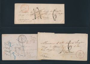 1854/1858 Précurseurs, 4 d'Iseghem, dont 2 à destination de Turin (Italie) et 2 à destination de Saint-Pétersbourg (Russie), cachets et tarifs divers, t/b