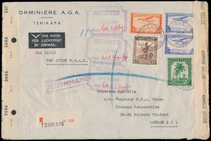 1944 N° 245, 254, PA 11 (2x) and PA 14 on registered letter from Tshikapa on 19-10-44 to London 