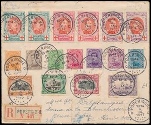 1917 N° 132/34 (2x) + 135/45, aangetekende zending vanuit Poperinghe (met afstempeling T4R 7) met mooi centrale stempels, naar Neuve-Eglise, met afstempeling 