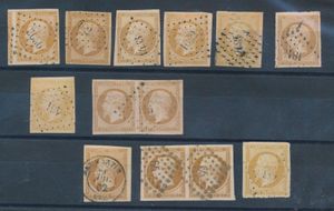 N° 13A/B (13x) Napoléon III, 13 uitgezochte ex. w.o. 2 paren, diverse betere tinten en stempels, zm (Yv. ++€350)