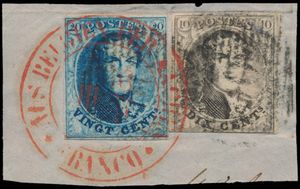 N° 6 and 7, both fully margined on fragment, cancelled (but not readable), overstamped with the cancellation 