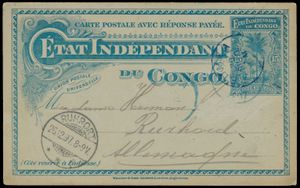 Postal stationery Stibbe 17, demand card only, written at DJABBI/ Congo Free State, on 7 October 1897 and posted at Bumba to Ruhrort / Germany, scarce, vf