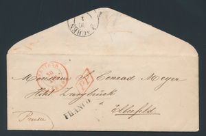 1850 Précurseur sous forme d'enveloppe (avec contenu), de Verviers (Herlant 37, type 15), datée du 30 avril 1850, à destination d'Ebberfeld (Allemagne précaire), beau cachet 