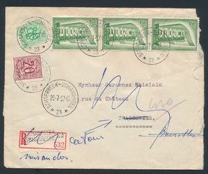 1957, n° 994 (3x), 851 en 857 op aangetekende brief met agentschapstempel 