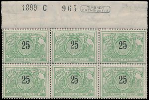 TR 18 Blok van 6 met velrand boven en randinscripties, zm (OBP +€780)