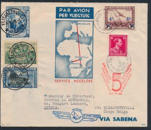 1936 Brussels, Stanleyville and Elisabethville in 5 days, airmail letter franked with Belgian stamps N° 428 and PA 7 for the outward flight and Congolese stamps N° 185, 196 and PA 2 for the return flight, dispatched from Brussels on 23/10/36 and from Elisabethville on 30/10/36, vf