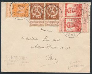 1912 N° 108, 109 in paar en 111 (2x), op enveloppe, vanuit Ixelles-Elsene 1F (