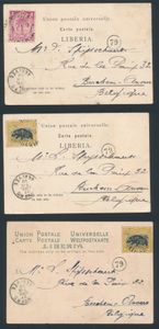 1899, 3 zichtkaarten verstuurd uit Monrovia/Liberia naar Berchem-Antwerpen, zm/m/ntz