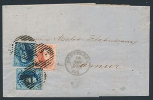 1856 N° 7 (2x) en 8, alle niet volrandig, op brief met inhoud, vanuit Bruxelles, dd. 10 november 1856 naar Namur, driedubbele port binnenland buiten de 30km, zm