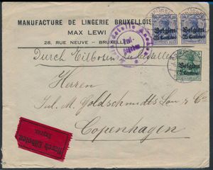 1915, Eilpost Brief von Brüssel nach Kopenhagen, mit Zensur, selten, einwandfrei/schön