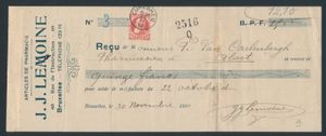 1899/1936 Samenstelling tientallen betaalbewijzen (reçus), fijne- en grove baard, Pellens, Houyoux, enz., zm/m/ntz