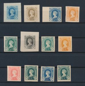 1870 Leuke samenstelling van 12 verschillende proeven van 20rp., 25rp., 50rp. en 1fr., zm/m