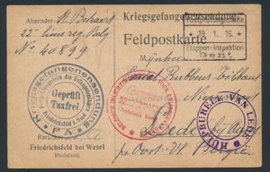 1916 Kriegsgefangensendung - Feldpostkarte, vanuit Friedrichsfeld b. Wesel, dd. 19.1.16, mooie stempels van 