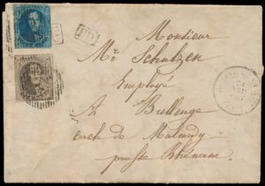 1861 N° 10 en 11, op brief met inhoud, vanuit P.22-Braine-le-Comte, dd. 24 september 1861, naar Bullenge, dit dorp heet nu Bullange, gefusioneerd met Rocherath, maar voor 1919 behoorde dit tot Duitsland, die bij het verdrag van Versailles (W.O. I) aan België werd overgedragen, hiermee gefrankeerd met 